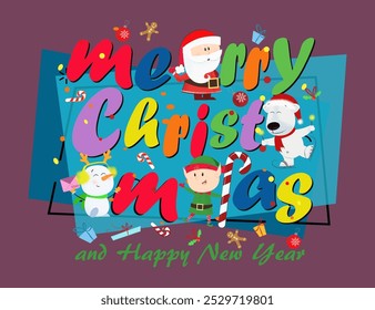 Merry Christmas and Happy New Year postcard with creative lettering. Multicolored calligraphy with cartoon characters on abstract background. Can be used for postcards, greeting cards, leaflets