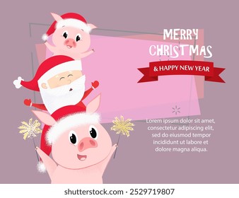 Merry Christmas and Happy New Year sample banner design. Inscription with piglets and Santa on red background with sample text. Can be used for postcards, invitations, greeting cards