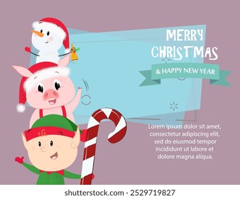 Merry Christmas and Happy New Year festive sample banner design. Inscription with snowman, elf, piglet on abstract background with sample text. Can be used for postcards, invitations, greeting cards