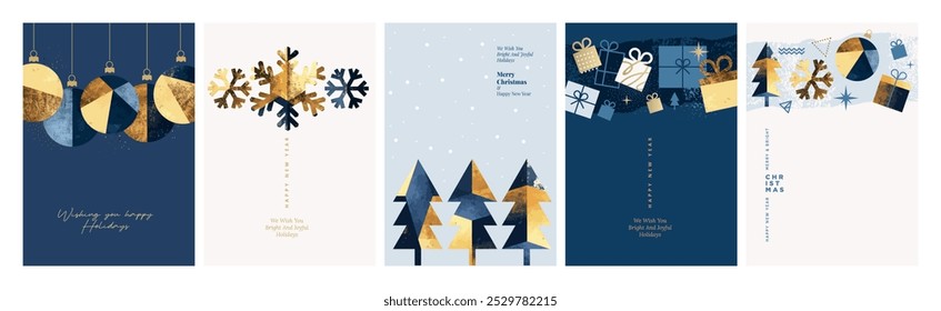 Feliz Navidades y Feliz Año Nuevo Tarjetas de Felicitación. Conceptos de Ilustración vectorial para el fondo, tarjeta de felicitación, tarjeta de invitación del partido, Anuncio de Sitio web, Anuncio de redes sociales, material de marketing.