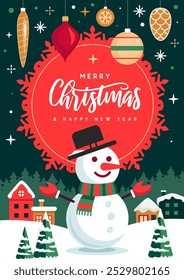 Merry Christmas and Happy New Year greeting card, cover or poster with snowman. Christmas background. Flat design. Vector illustration