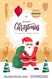 Merry Christmas and Happy New Year greeting card, cover or poster with Santa Claus. Christmas background. Flat design. Vector illustration