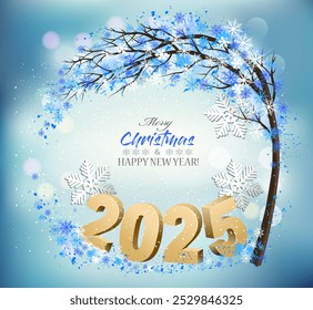 Feliz Navidades y feliz año Nuevo de fondo con letras de 2025 y árbol de Navidad con copos de nieve. Vector