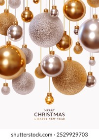 Tarjeta de felicitación feliz de las Navidades y del año Nuevo feliz con los ornamentos dorados del día de fiesta. Navidades de oro y plata brillantes adornos bolas de metal cuelgan sobre fondo blanco. Diseño 3d realista. Ilustración vectorial