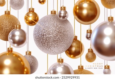 Merry Christmas and Happy New Year greeting card with holiday golden ornaments. Gold and silver glitter Christmas baubles metal balls hang on white background. Realistic 3d design. Vector illustration