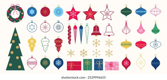 Merry Christmas and Happy New Year geometric decoration collection. Trendy minimal vintage design elements isolated on a  white background.  Christmas tree decorations, snowflakes, gifts.