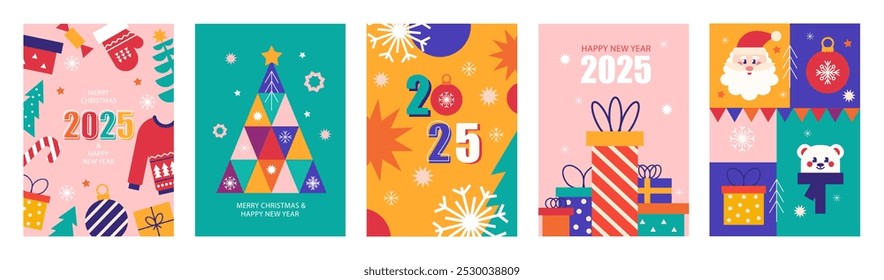 Merry Christmas and Happy New Year poster, greeting card modern set. Colorful vector illustration in flat style. Banner, holiday covers template