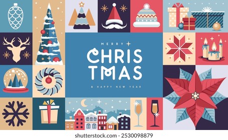 Merry Christmas and Happy New Year greeting card, cover or poster with holiday attributes. Christmas background. Flat design. Vector illustration