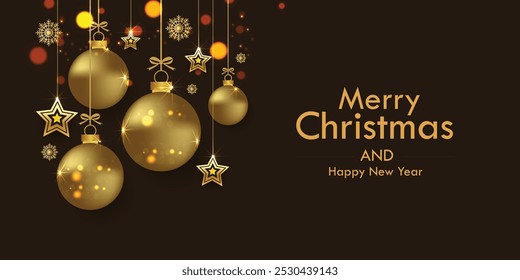 Merry Christmas and Happy New Year Background with Hanging golden ball and star