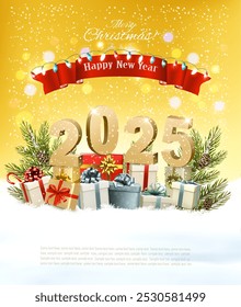 Merry Christmas and Happy New Year Background  with christmas colorful gift boxes and gold 2025 numbers. Vector