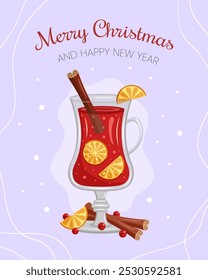 Merry Christmas and Happy New Year. Mulled wine. Cup of hot drink with cinnamon and orange slices. Vector illustration