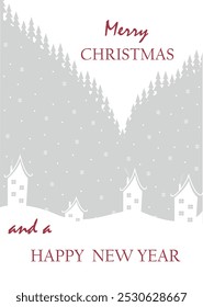 Merry Christmas and Happy New Year  greeting card, poster, holiday cover. Modern Xmas design in simple geometric style in gray and red colors for ads, sales, print, season greetings