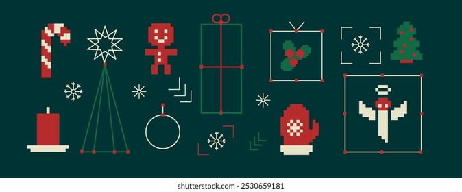 Merry Christmas and Happy New Year Set for backgrounds, greeting cards, posters, holiday covers. Xmas templates with typography and season wishes in modern geometric style for web, social media, print