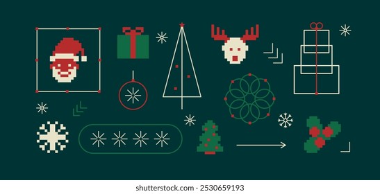 Merry Christmas and Happy New Year Set for backgrounds, greeting cards, posters, holiday covers. Xmas templates with typography and season wishes in modern geometric style for web, social media, print