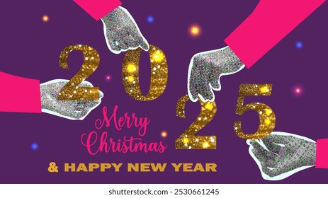 Merry christmas and Happy new year collage design. With hands holding gold 2025. Vector illustration for poster, banner, greeting and celebration.