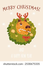 Tarjeta de felicitación de feliz Navidad y feliz año nuevo con cabeza de capibara divertida en corona de Navidades y cornamentas de ciervo comiendo Ilustración vectorial de caña de caramelo.