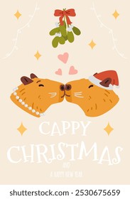 Merry Christmas and happy new year greeting card with two capybaras kissing under mistletoe vector illustration.