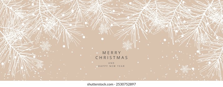 Merry Christmas and Happy New Year card. Beautiful Christmas pastel background with white Christmas tree branches and snowflake pattern. Vector design for poster, cover, advertising