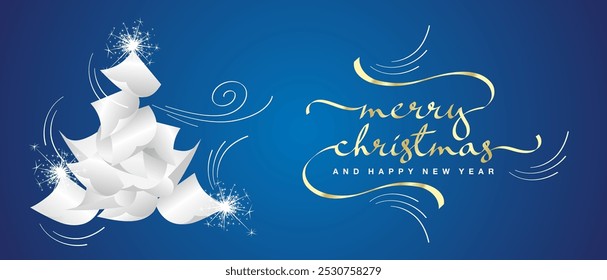 Merry Christmas and Happy New Year 2025. Greeting card template with falling papers in the form of Christmas tree and golden calligraphy, papers in the wind on blue background