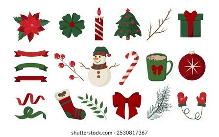 Navidades felices y feliz año Nuevo Festiva iconos en estilo plano sobre fondo blanco. Árbol de Ilustración vectorial, Navidades de caramelo, mitones, calcetín, arco, caja de regalo, vela, juguete, chocolate caliente, Poinsettia.