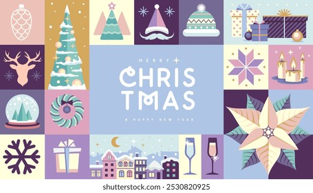 Merry Christmas and Happy New Year greeting card, cover or poster with holiday attributes. Christmas background. Flat design. Vector illustration