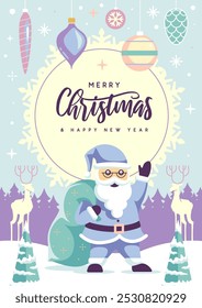 Merry Christmas and Happy New Year greeting card, cover or poster with Santa Claus. Christmas background. Flat design. Vector illustration