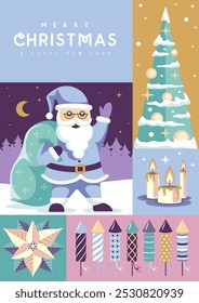 Merry Christmas and Happy New Year greeting card, cover or poster with holiday attributes. Christmas background. Flat design. Vector illustration