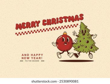 Feliz Navidades y feliz año Nuevo sonriente árbol de navidad, decoraciones de juguete en estilo de dibujos animados retro