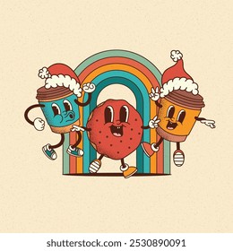 Feliz Navidades y feliz café sonriente del año Nuevo para ir y mascota de la rosquilla en cartel de estilo de dibujos animados retro