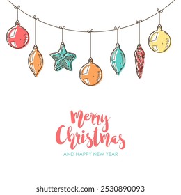 Feliz Natal e feliz ano novo modelo de banner retro, cartão de saudação. Fundo de vetor com decorações de árvore de abeto de Natal. Estrela, bola, gelo