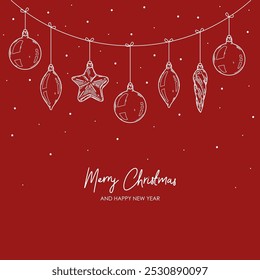 Merry Christmas and Happy New year retro banner template, greeting card. Vector background with christmas fir tree  decorations. Star, ball, icicle