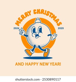 Merry Christmas and Happy New year smiling christmas tree decoration ball in trendy retro cartoon style