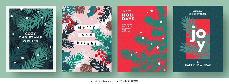 Merry Christmas and Happy New Year greeting card Set. Modern beautiful Xmas design with typography, Christmas tree branches, winter plant, snowflake pattern. Minimal art banner, poster, cover template