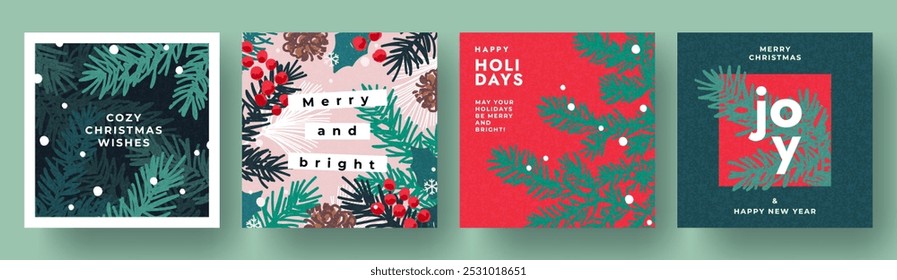 Merry Christmas and Happy New Year greeting card Set. Modern beautiful Xmas design with typography, Christmas tree branches, winter plant, snowflake pattern. Minimal art banner, poster, cover template