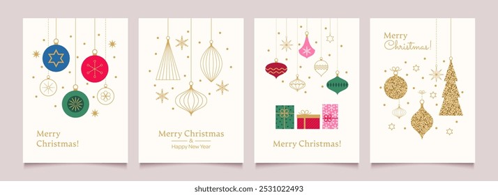 Merry Christmas and Happy New Year Set of greeting cards, posters, holiday backgrounds.
Collection of Christmas minimalist geometric elements. Vector illustration
