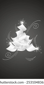 Merry Christmas and Happy New Year 2025. Social media template for Stories and Reels with falling papers in the form of Christmas tree in the wind on black background