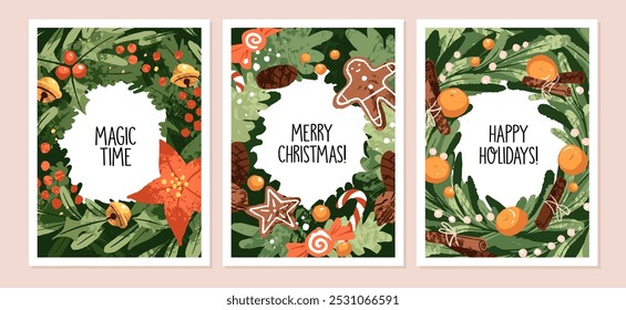 Feliz Natal e feliz ano novo cartões postais definido. Projetos de cartões festivos com congratulação com Xmas. Coroas de flores com visco, pães de gengibre, ornamentos, decoração. Ilustrações de vetor planas