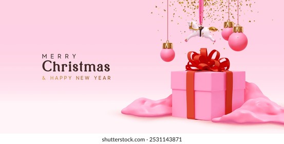 Merry Christmas and Happy New Year background. Realistic 3d cartoon gift box in pink snowdrift, christmas decorations hanging on a red ribbon and golden confetti falling. Vector illustration