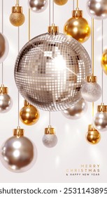 Merry Christmas and Happy New Year background. Realistic 3d disco ball silver glitter mirrors, hang on ribbon golden and silver Christmas ornaments. Vector illustration