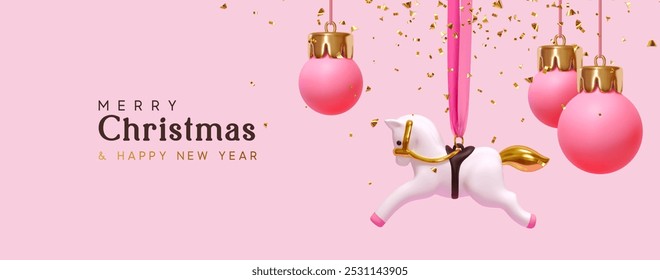 Merry Christmas and Happy New Year Banner and web poster. Realistic 3d design hangs on pink ribbon little white horse and Xmas pink baubles on bright pink soft background. Vector illustration