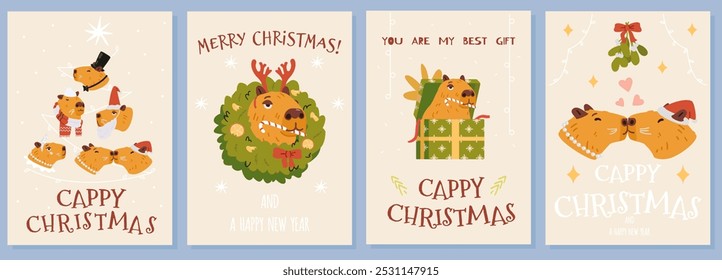 Merry Christmas and happy New Year greeting cards with funny capybara vector set.