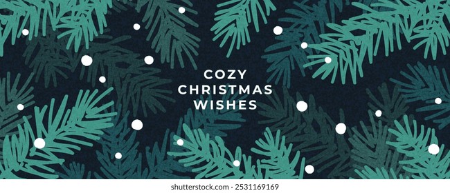 Merry Christmas and Happy New Year greeting card or web banner. Modern beautiful Xmas design with Christmas tree branches and snow pattern on deep blue background. Minimal art poster, cover template