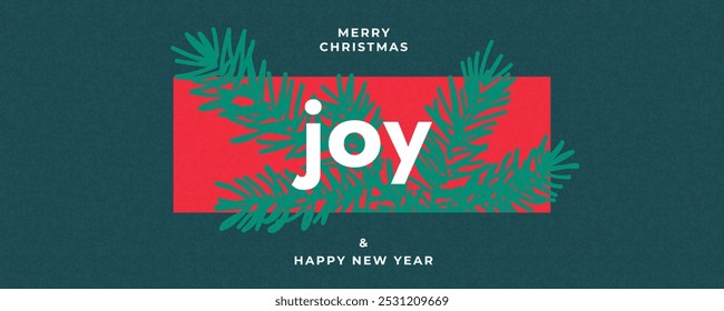 Merry Christmas and Happy New Year greeting card or web banner. Modern beautiful Xmas design with Christmas tree branches on bright red and green background. Minimal art poster, cover template