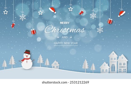 Merry Christmas and Happy new year background with falling snow on winter landscape,vector illustration