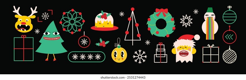 Merry Christmas and Happy New Year Set for backgrounds, greeting cards, posters, holiday covers. Xmas templates with typography and season wishes in modern geometric style for web, social media, print