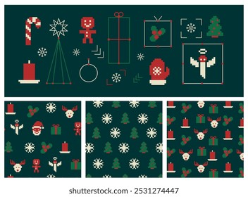 Merry Christmas and Happy New Year Set for backgrounds, greeting cards, posters, holiday covers. Xmas templates with typography and season wishes in modern geometric style for web, social media, print