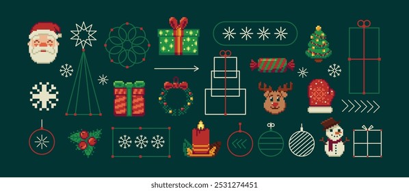 Feliz Navidades y feliz año Nuevo conjunto para fondos, tarjetas de felicitación, carteles, cubiertas de vacaciones. Plantillas de Navidad con tipografía y deseos de temporada en estilo geométrico moderno para Web, redes sociales, impresión