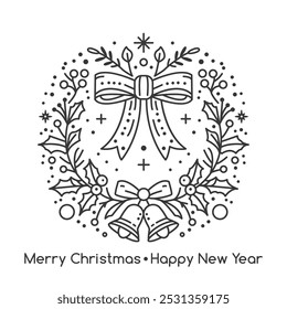 Merry Christmas and Happy New Year greeting card. Christmas wreath of Holly with bow, balls and bells. Vector illustration in linear style