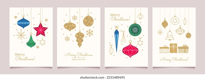 Merry Christmas and Happy New Year Set of greeting cards, posters, holiday backgrounds.
Collection of Christmas minimalist geometric elements. Vector illustration
