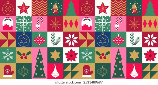 Feliz Natal e Feliz Ano Novo sem emenda padrão. Elementos geométricos minimalistas. Fundo Xmas moderno. Decoração de férias. Ilustração simples de vetor plano.
